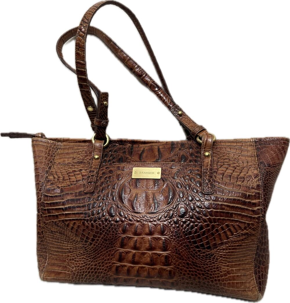 Brahmin Medium Arno Pecan Melbourne Croc Embossed Leather Tote Brown